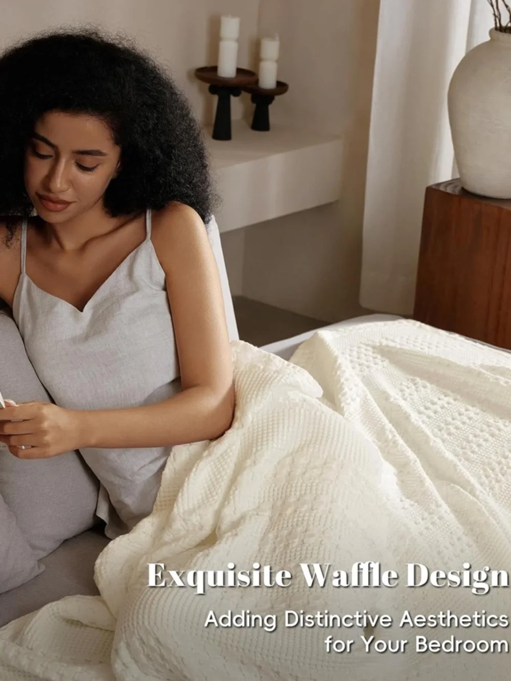 new Cream Waffle-Textured Throw Blanket - Soft Home Bedding - Picture 5 of 9